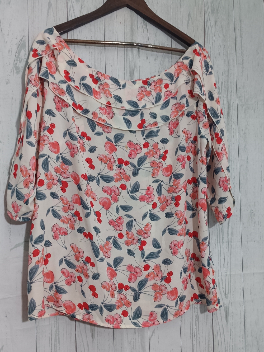 Women's Cream Floral Off-Shoulder Blouse with Pink Print Sz XL